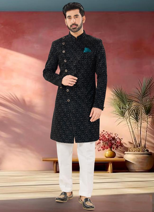 Velvet Black Wedding Wear Embroidery Work Readymade Sherwani